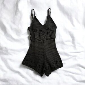 Boho Chic Black Crochet Knit Romper with Center Flower Detail